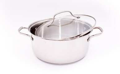 Pots set shiny stainless isolated on white background. cookware