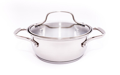 Pots set shiny stainless isolated on white background. cookware