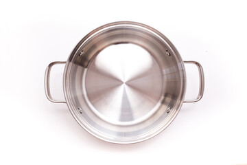 Pots set shiny stainless isolated on white background. cookware