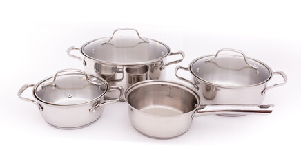 Pots set shiny stainless isolated on white background. cookware