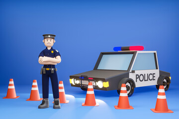3D cartoon character Policeman in standing pose and police car isolated on the blue background - 3D illustration © KUA g Gear
