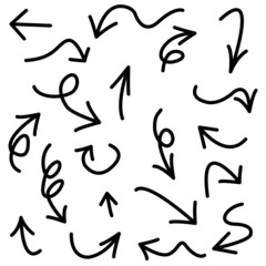 Set of black directional pencil sketch symbols of doodle hand-drawn arrows. for web design graphics on white background. Vector illustration