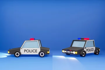 Aluminium Prints Cartoon cars 3D cartoon Black police car. City patrol transport isolated on the blue background - 3D rendering