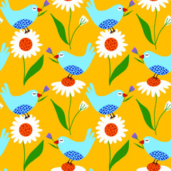 Obraz premium Abstract Hand Drawing Cute Birds Pigeons and Daisy Camomile Flowers Leaves Seamless Vector Pattern Isolated Background