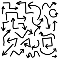 Set of black directional pencil sketch symbols of doodle hand-drawn arrows. for web design graphics on white background. Vector illustration