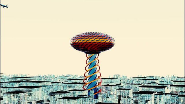 Abstract layout of a modern city with a huge spiral shaped skyscraper with a bright oval roof. Design. Futuristic architecture with a plane flying above buildings.