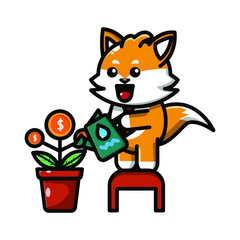 cute fox is investing icon illustration vector graphic