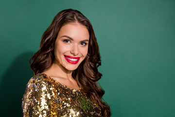 Photo portrait woman smiling wearing red lipstick golden dress isolated green color background...