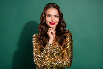 Photo of millennial nice brunette lady wear gold dress isolated on green color background