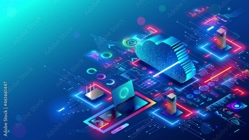 Fototapete Cloud technology. digital data synchronization with data storage through internet. Computer technology abstract isometric 3d rendering animation. Server IOT in datacenter communication with devices.