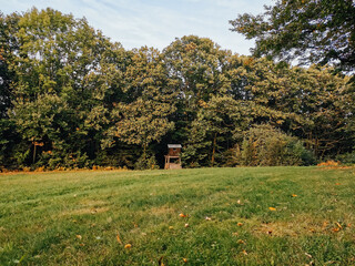A wooden observation post for hunters on meadow near forest