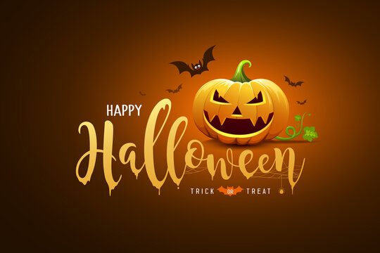 Happy Halloween text design and pumpkin smile and bat with tree, on orange and black banner design background, Eps 10 vector illustration