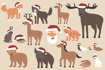 Set of Christmas forest animals in Santa hats, Santa Claus happy face. Cartoon isolated vector fox, wolf, bear, bear cub, elk, deer, fallow deer, hedgehog, hare, duck, duckling, lynx, horse, wild boar