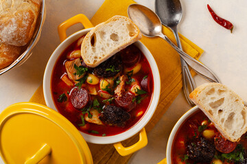 Traditional Spanish goulash soup. Fabada Asturiana. Served with a yellow clay pot with lid. Top...