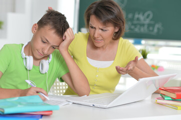 Fototapeta premium Mother and son using modern laptop