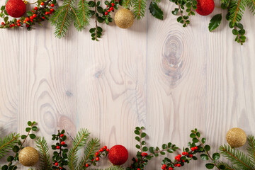 Christmas decoration. Wooden background of boards.