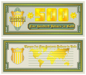 A cheque for five hundred dollars in gold. Obverse and reverse of a paper check. 3d denomination 500. Golden shield and world map