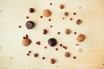 Autumn composition with nuts, chestnuts, wallut shells and pine cones on wooden background, flat lay, top view