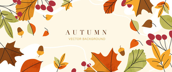 Autumn background vector. Autumn shopping event illustration wallpaper with hand drawn icons set. This design good for banner, sale poster, packaging background and greeting card.