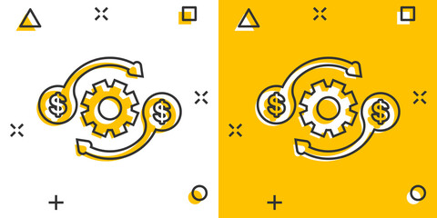 Fototapeta premium Money optimization icon in comic style. Gear effective cartoon vector illustration on white isolated background. Finance process splash effect business concept.