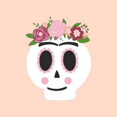 Day dead skull Frida Kahlo. Dia de los muertos skull. Symbol of day dead isolated vector illustration. Cute skull graphic element. Pink spooky logo. Spanish, mexican tradition. Woman skull mexican.
