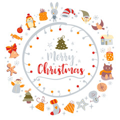 Christmas post card with merry xmas doodles and modern Christmas insignia. Callygraphic logo. Vector