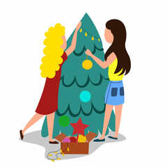 A young couple is decorating a Christmas tree. Two women without a face hang toys, preparing for the new year. Vector illustration in cartoon style.