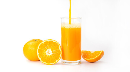 Fresh orange juice on a white background.
