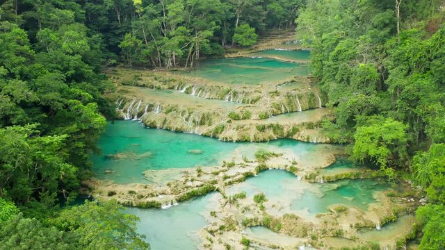 An aerial 4K footage of the beautiful beautiful Semuc Champey Pool in Guatemala