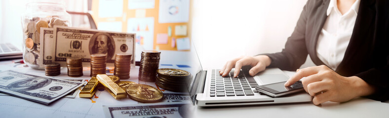 businessman holding coins putting in glass. concept saving money for finance accounting