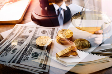 Close up lawyer businessman working or reading lawbook in office workplace for consultant lawyer concept.