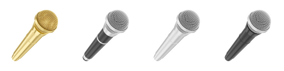 3d rendering set of microphones Isolated on White Background.