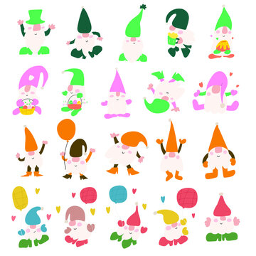 Collection of cute funny gnomes. Hand drawn vector illustrations on white background. 