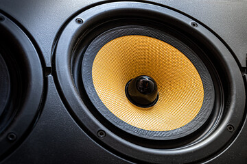 Sound Speaker. Loud Music Volume Concept Background. Professional studio equipment subwoofer close-up. High quality acoustic loudspeaker monitor. Hi-Fi acoustic sound system