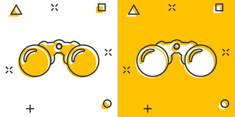 Binocular icon in comic style. Search cartoon vector illustration on white isolated background. Zoom splash effect business concept.
