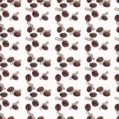 Coffee beans seamless pattern, Hand drawn coffee texture, Repeated watercolor beans and coffee word on white background, for wrapping, menu, cafes, textile, printing