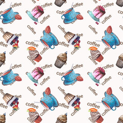Watercolor Coffee seamless pattern, cafe design, coffee cup and beans texture, Coffee set repeated wallpaper on white background, Latte, cinnamon, irish, for wrapping, menu, cafes, textile, printing