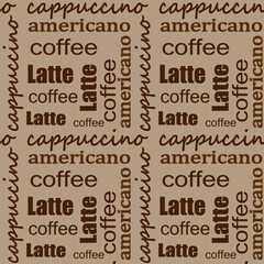 Coffee names seamless pattern, Latte, cappuccino, americano, coffee font design, Words repeated texture on beige background, for wrapping, menu, cafes, textile, printing