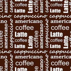 Coffee names seamless pattern, Latte, cappuccino, americano, coffee font design, Words repeated texture on brown background, for wrapping, menu, cafes, textile, printing
