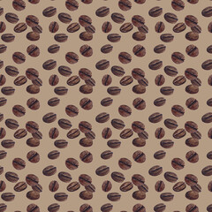 Coffee beans seamless pattern, Hand drawn coffee texture, Repeated watercolor beans on brown background, for wrapping, menu, cafes, textile, printing