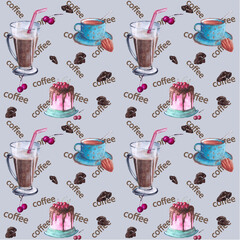 Watercolor hand drawn Coffee pattern, Seamless coffee cup and beans texture, Coffee set repeated wallpaper on blue background, for wrapping, menu, cafes, textile, printing