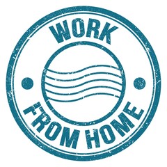 WORK FROM HOME text on blue round postal stamp sign