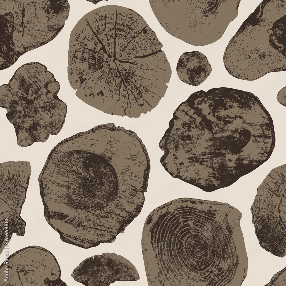 Poster vector seamless pattern with old wood saw cuts on a light backdrop. wooden texture with annual rings