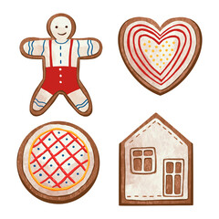 a set of colorful Christmas illustrations gingerbread gingerbread in the form of a heart, a man, a house and a circle, with white glaze for Christmas