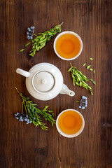 White teapot and cups of black tea with leaves, top view