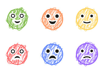 Set of positive and negative emoticons in scribble style, vector clip art