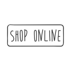 Banner con texto manuscrito Shop Online en cuadrado con lineas en color gris