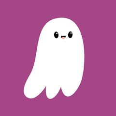 Cute flying ghost spirit. Scary white ghosts. Happy Halloween. Cartoon kawaii funny spooky character. Smiling face. Greeting card. Violet background. Flat design.