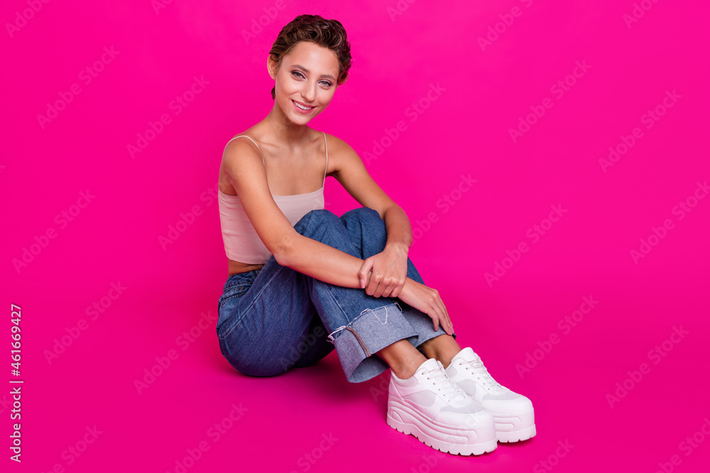 Poster Full body photo of charming happy young model lady enjoy free time good mood isolated on magenta color background