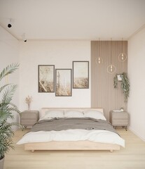 Bedroom design in soft colors. 3D render.